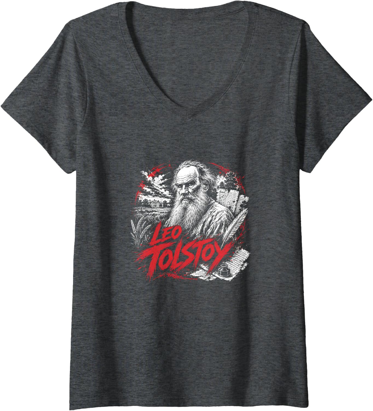 Women's Writer Leo Tolstoy Wisdom Russian Literature V-Neck T-Shirt - Dark Heather Grey