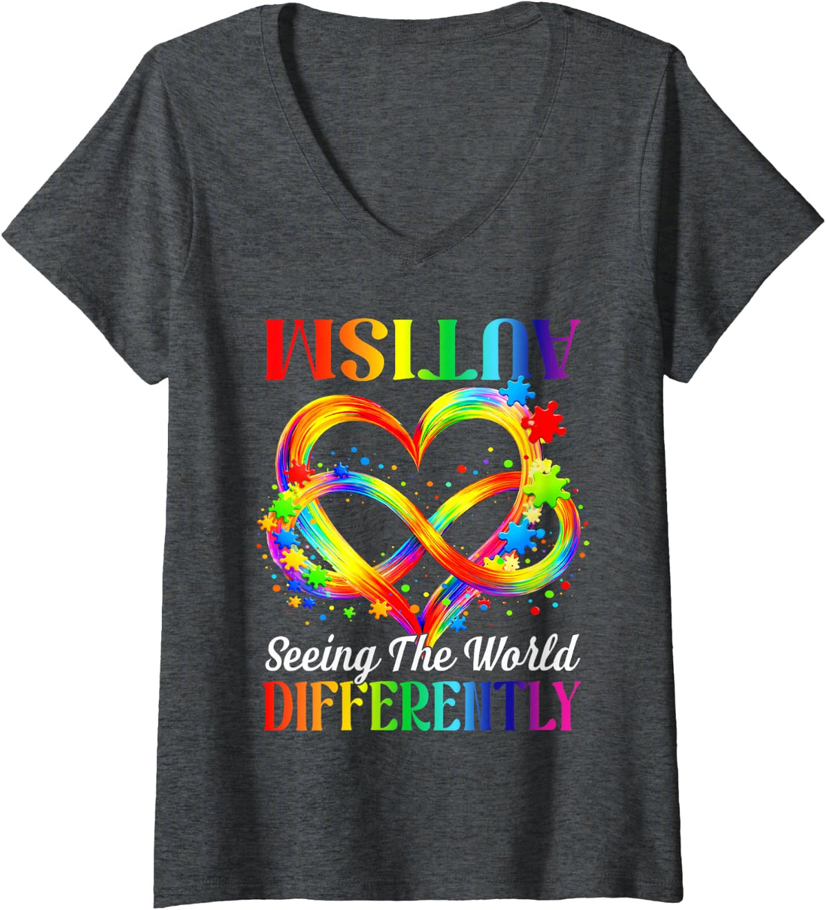 Women's Seeing The World Differently Autism Awareness Infinity V-Neck T-Shirt - Dark Heather Grey