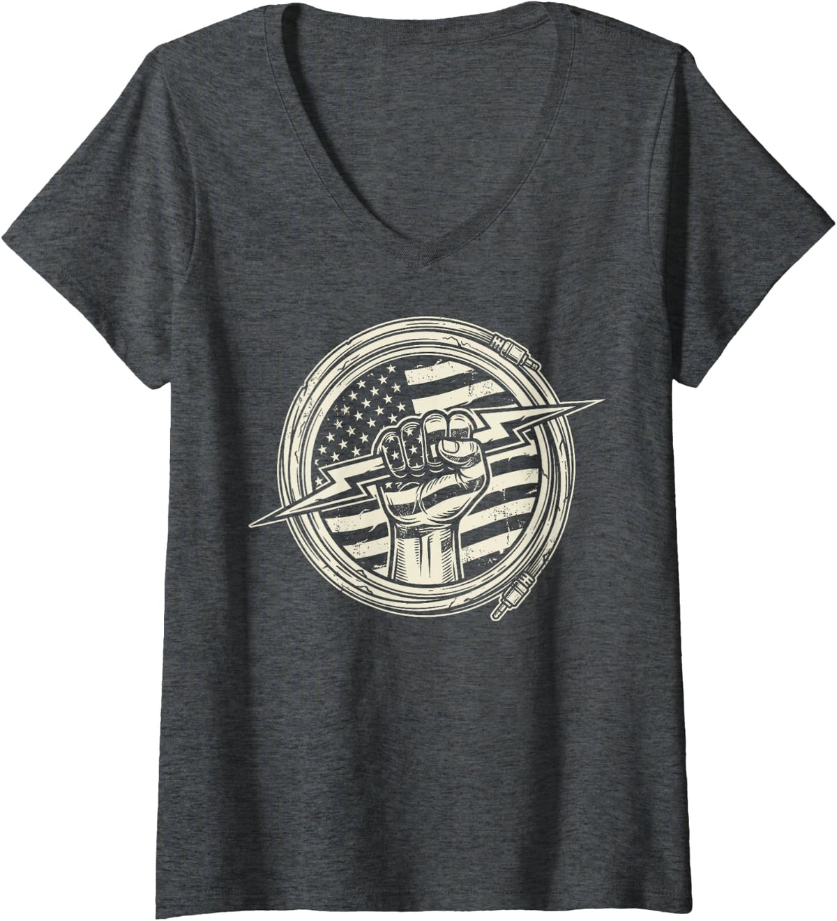 Women's American US Flag Electrician Lightning Electrical Worker Tee V-Neck T-Shirt - Dark Heather Grey