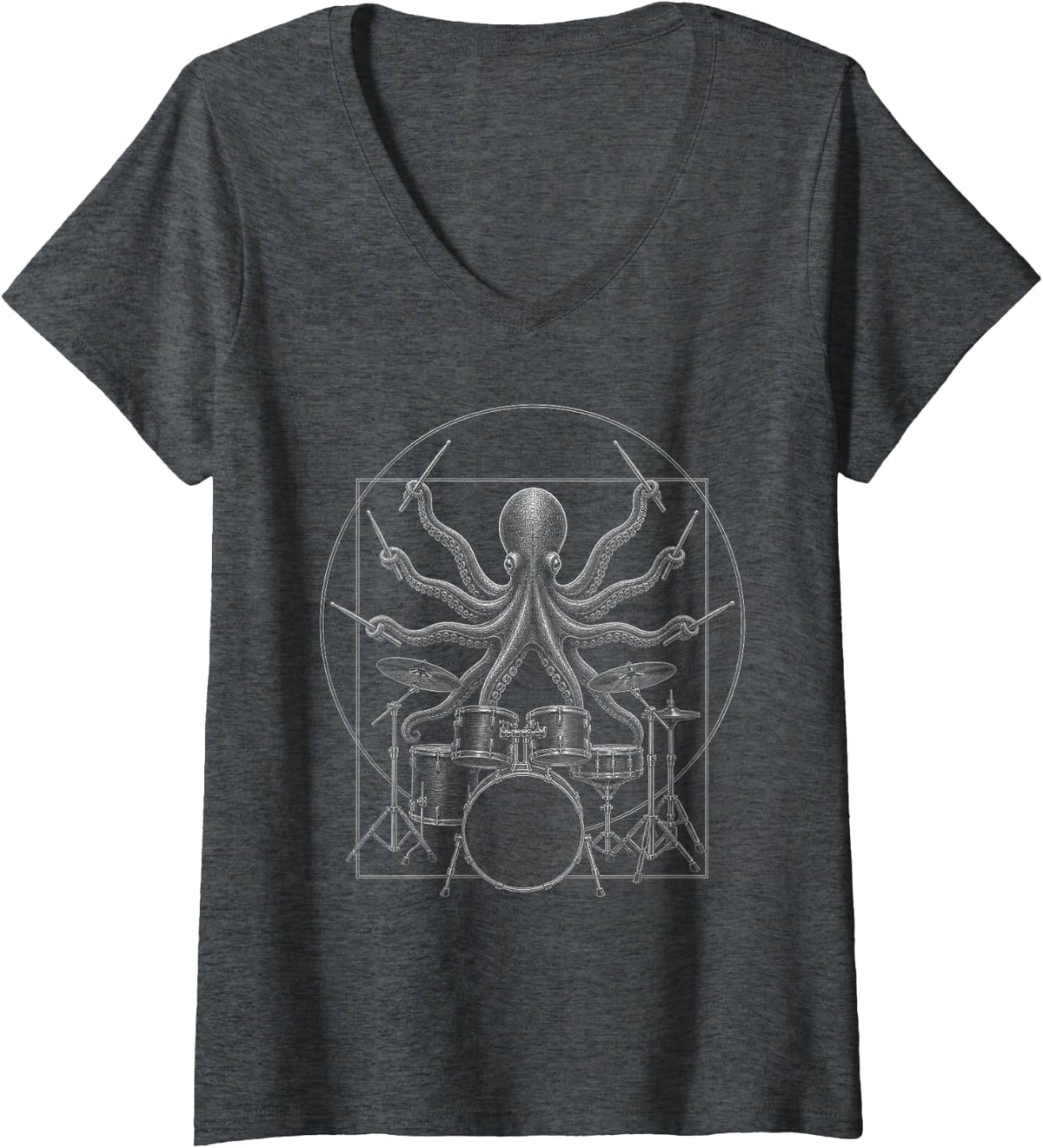 Women's Octopus Drummer Vitruvian Drums Music Lover V-Neck T-Shirt - Dark Heather Grey