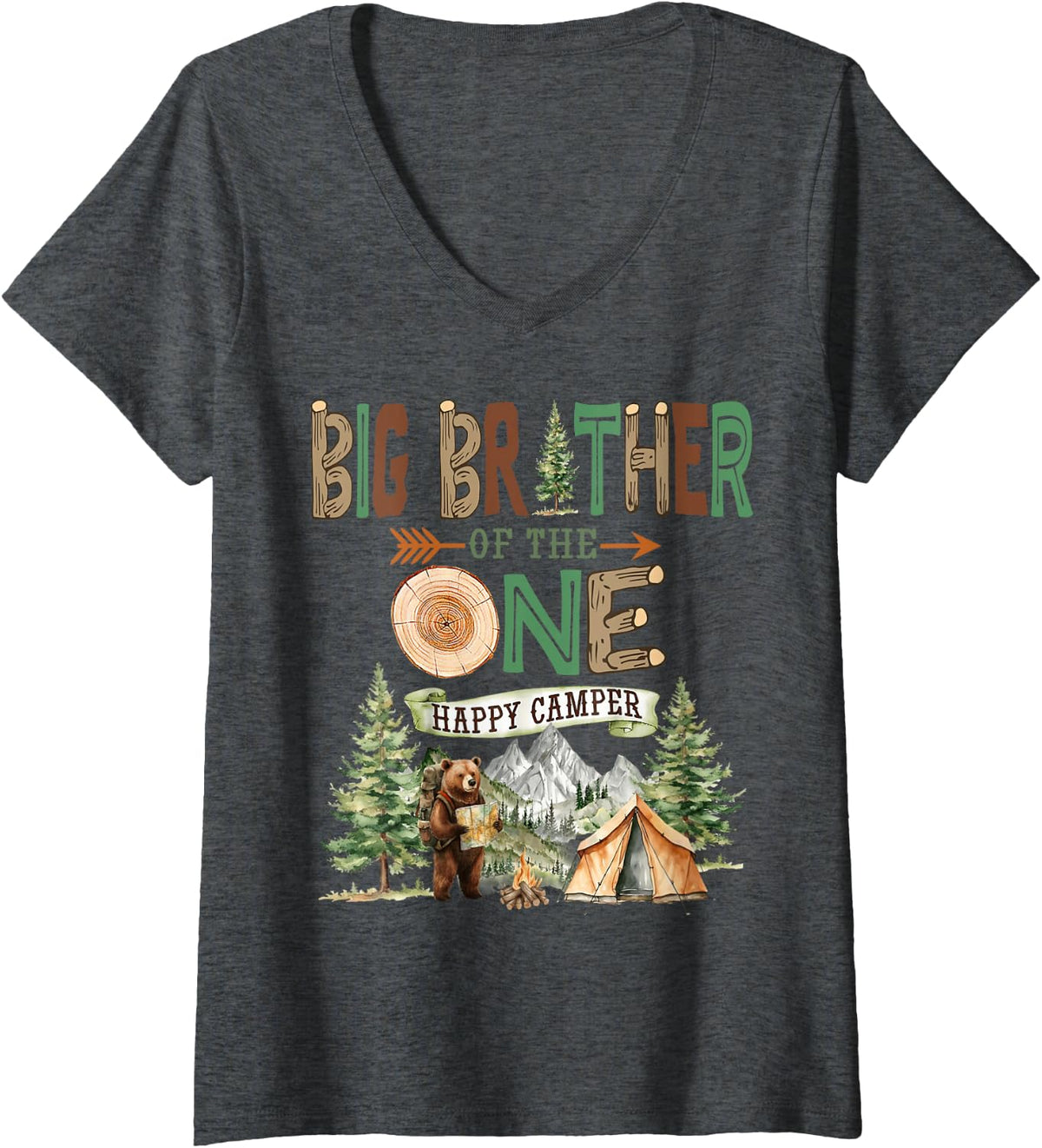 Women's Big Brother of The One Happy Camper 1st Birthday Camping V-Neck T-Shirt - Dark Heather Grey