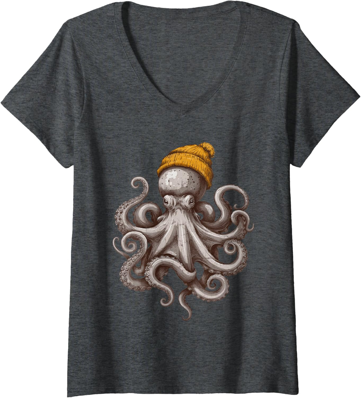 Women's Winter Octopus Beanie Ocean Animal Lover V-Neck T-Shirt - Dark Heather Grey