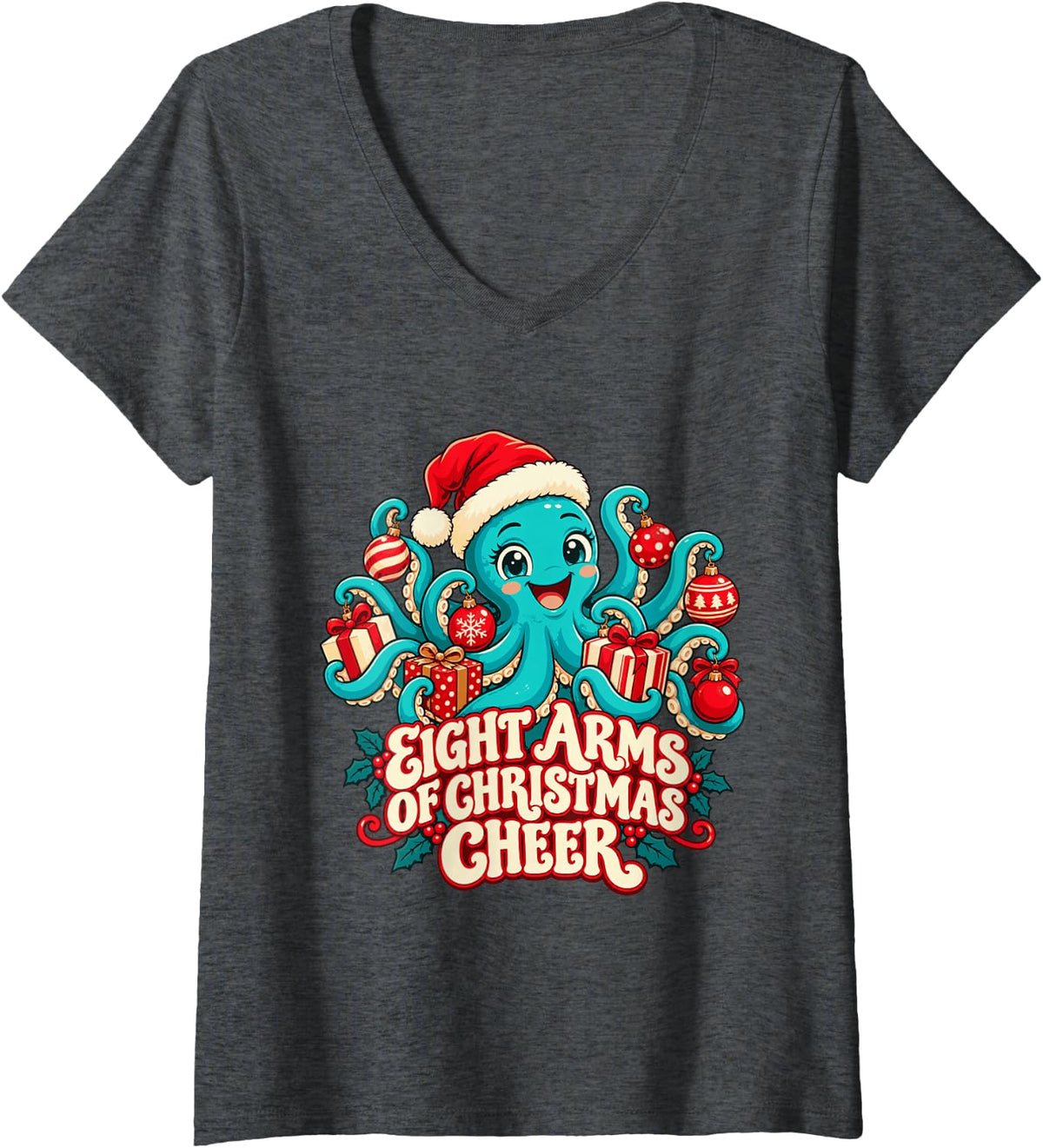 Women's Christmas Octopus with Ornaments and Presents V-Neck T-Shirt - Dark Heather Grey