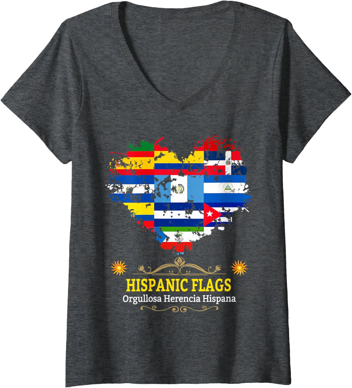 Women's Hispanic Flags Outfit Idea for Women & Latin Heritage Heart V-Neck T-Shirt - Dark Heather Grey