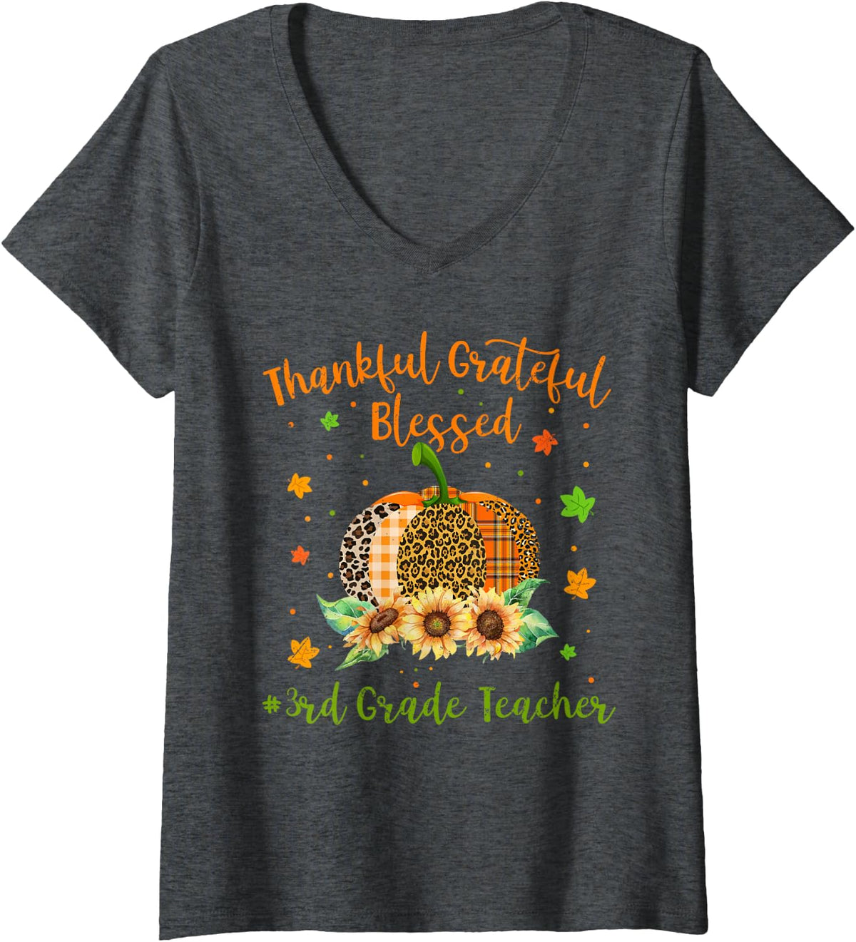 Women's Thankful 3rd Grade Teacher Pumpkin Sunflower Thanksgiving V-Neck T-Shirt - Dark Heather Grey