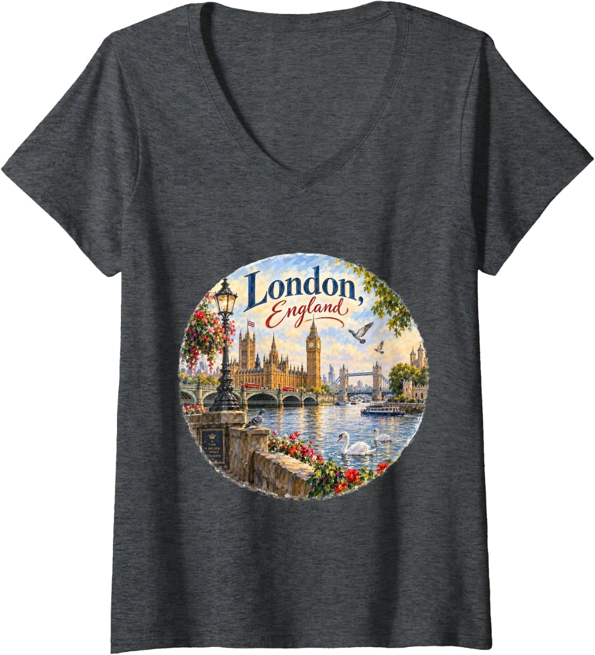 Women's London England, Europe, Big Ben, Bridge Castle V-Neck T-Shirt - Dark Heather Grey