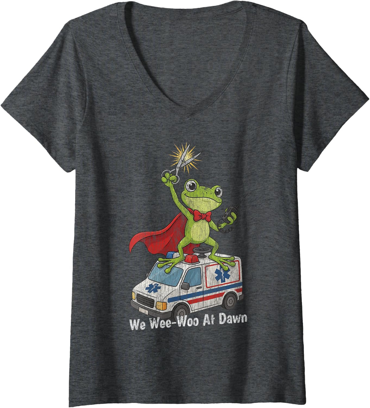 Women's We Wee-Woo at Dawn Funny Frog Paramedic EMT V-Neck T-Shirt - Dark Heather Grey