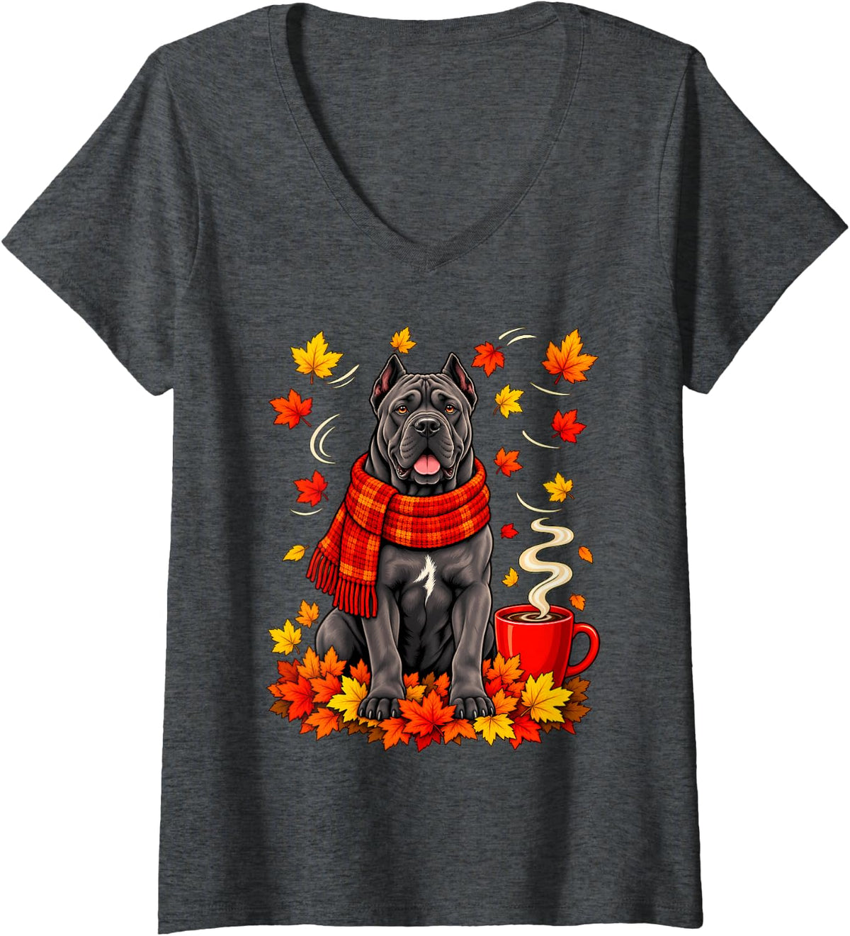 Women's Cane Corso Fall Red Scarf Autumn Leaf for Dog Lover Funny V-Neck T-Shirt - Dark Heather Grey
