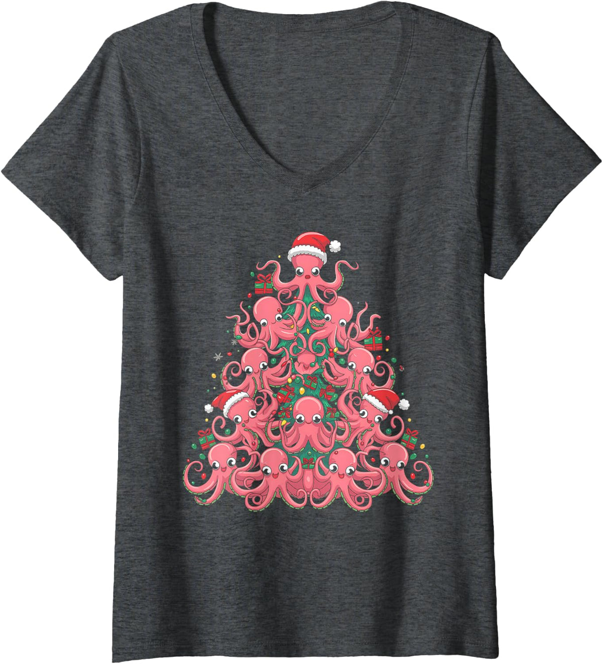 Women's Santa Hat Octopus Lovers Men Women Kids Christmas Tree V-Neck T-Shirt - Dark Heather Grey