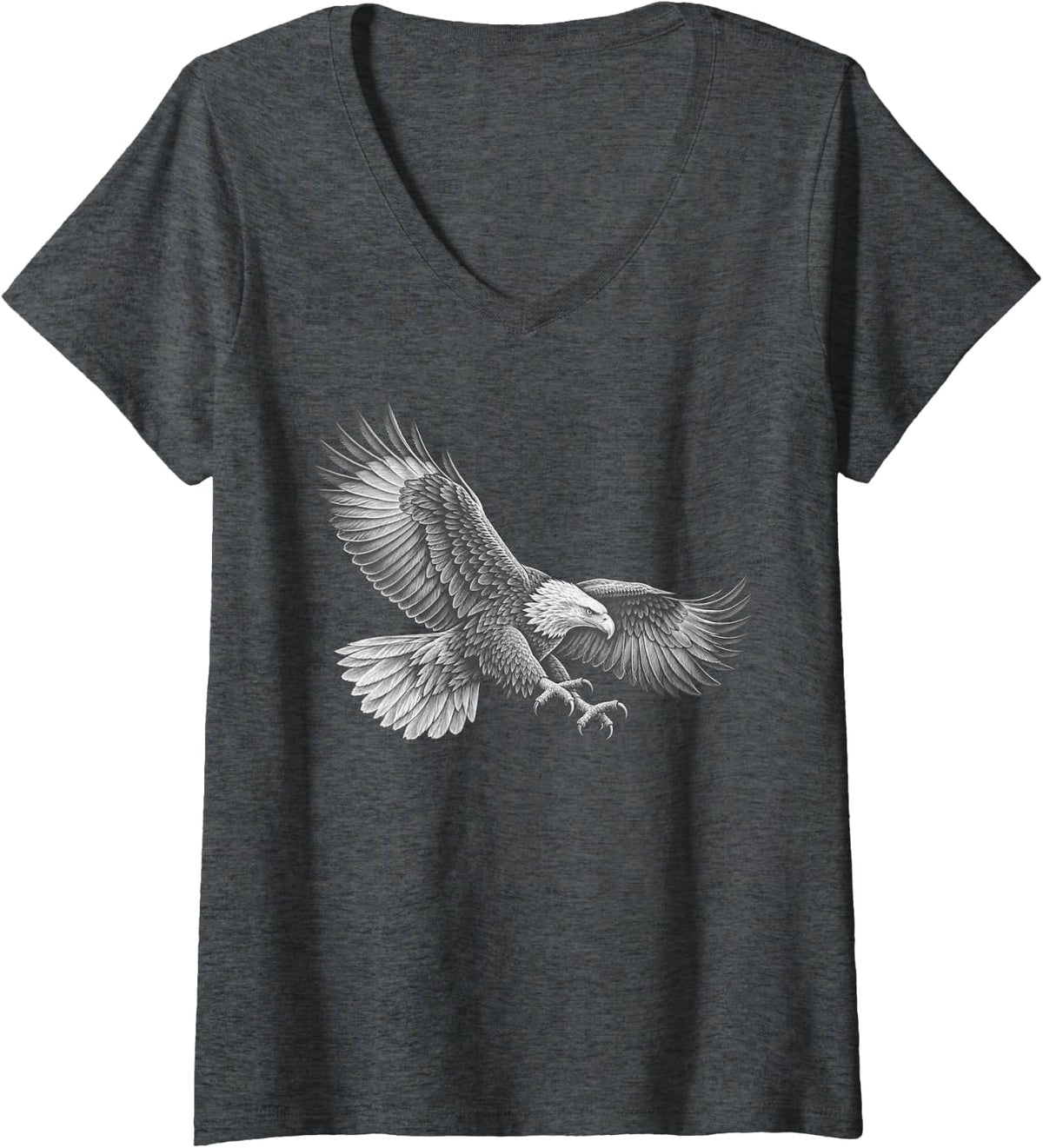 Women's Bald Eagle Diving Swoop Engraved Line Art V-Neck T-Shirt - Dark Heather Grey