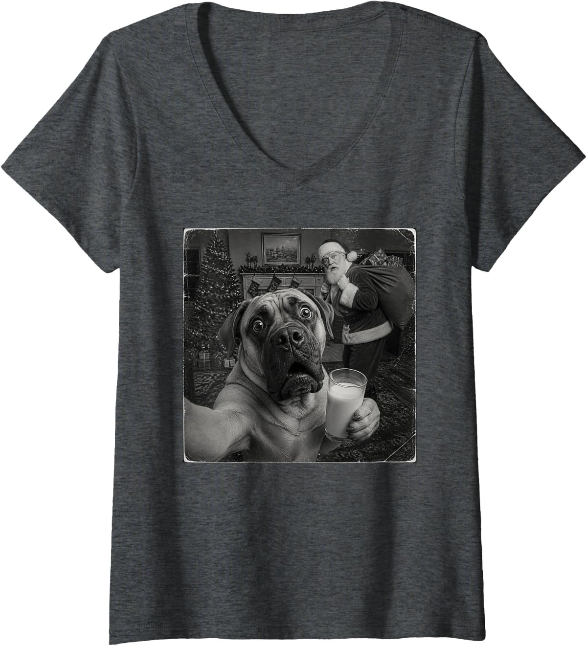 Women's Funny Christmas Mastiff V-Neck T-Shirt - Dark Heather Grey