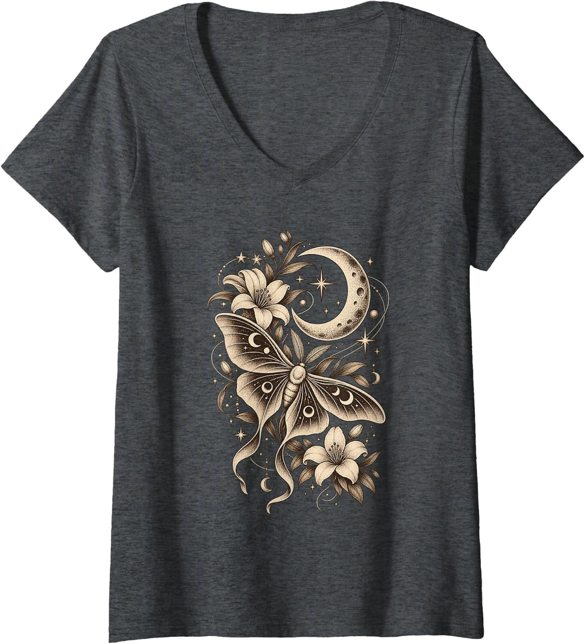 Women's Celestial Moth Crescent Moon Floral Flower Stars Vintage V-Neck T-Shirt - Dark Heather Grey