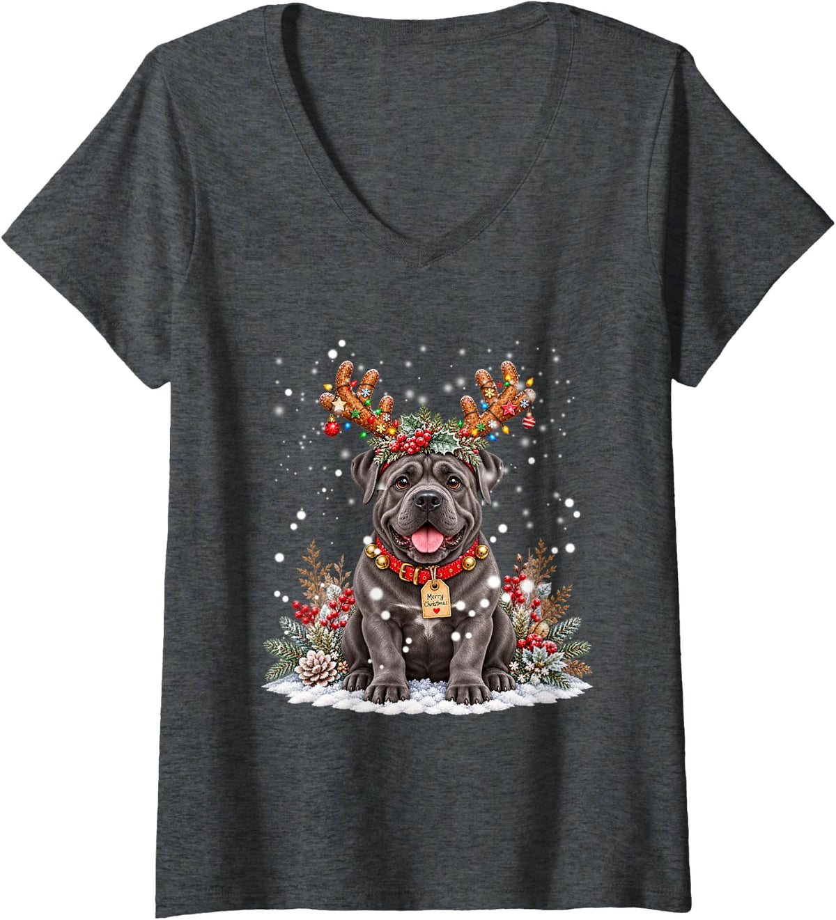 Women's Cane Corso Christmas Reindeer Lights Dog Lover Festive Xmas V-Neck T-Shirt - Dark Heather Grey