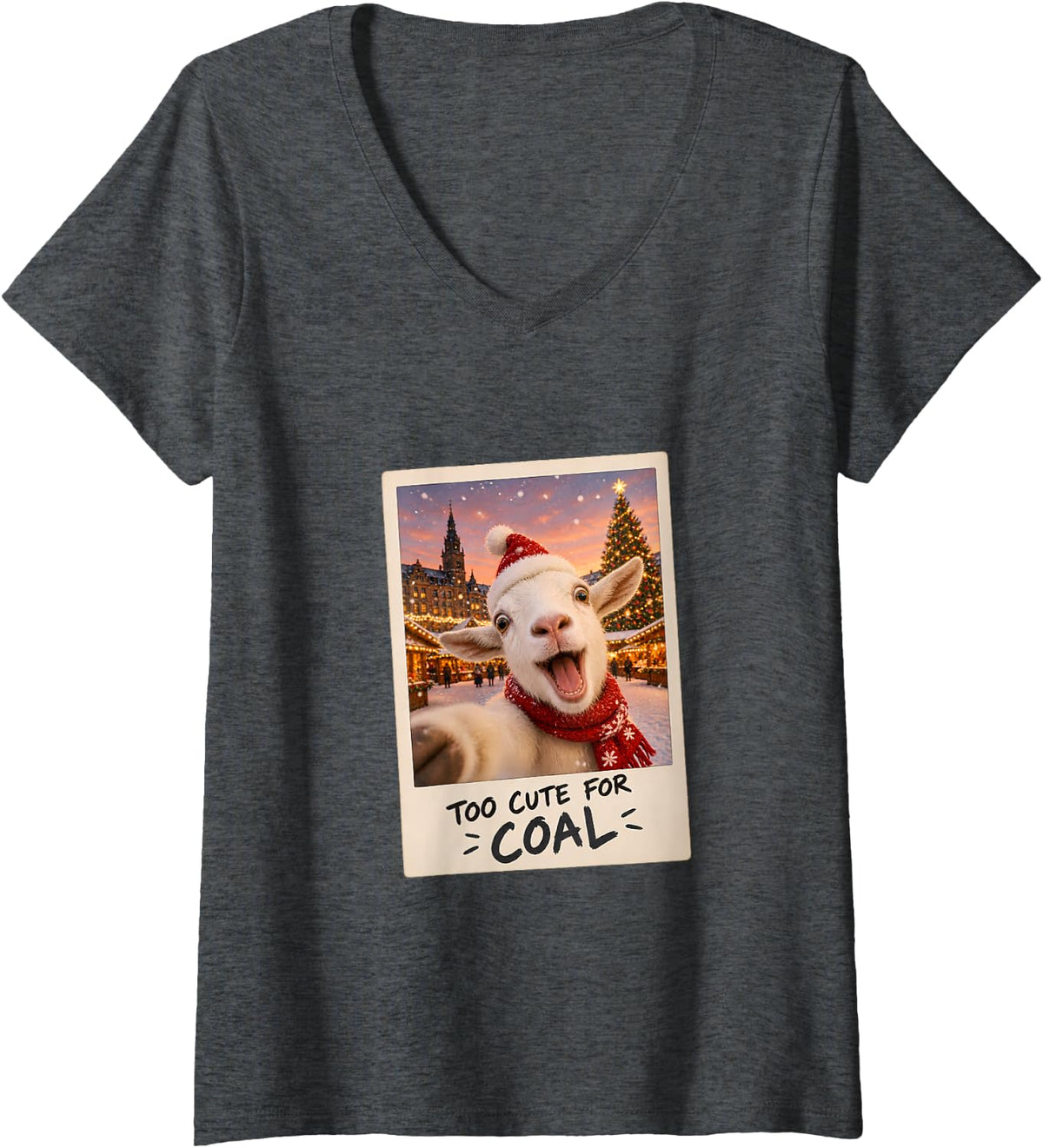 Women's Too Cute for Coal White Goat Selfie Christmas V-Neck T-Shirt - Dark Heather Grey