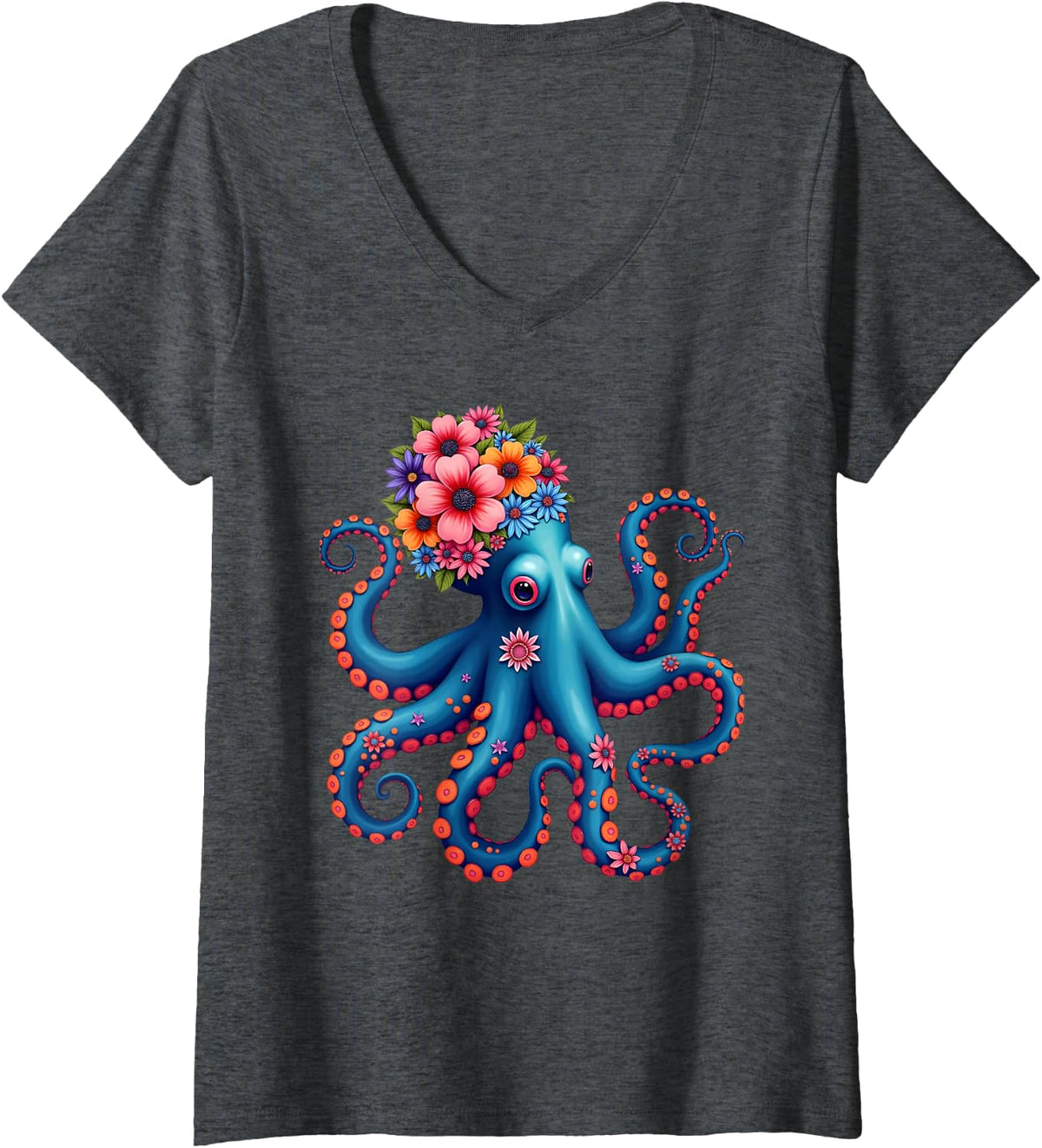 Women's Cute Floral Ocean Octopus Vintage Marine Life Floral Sea Art V-Neck T-Shirt - Dark Heather Grey