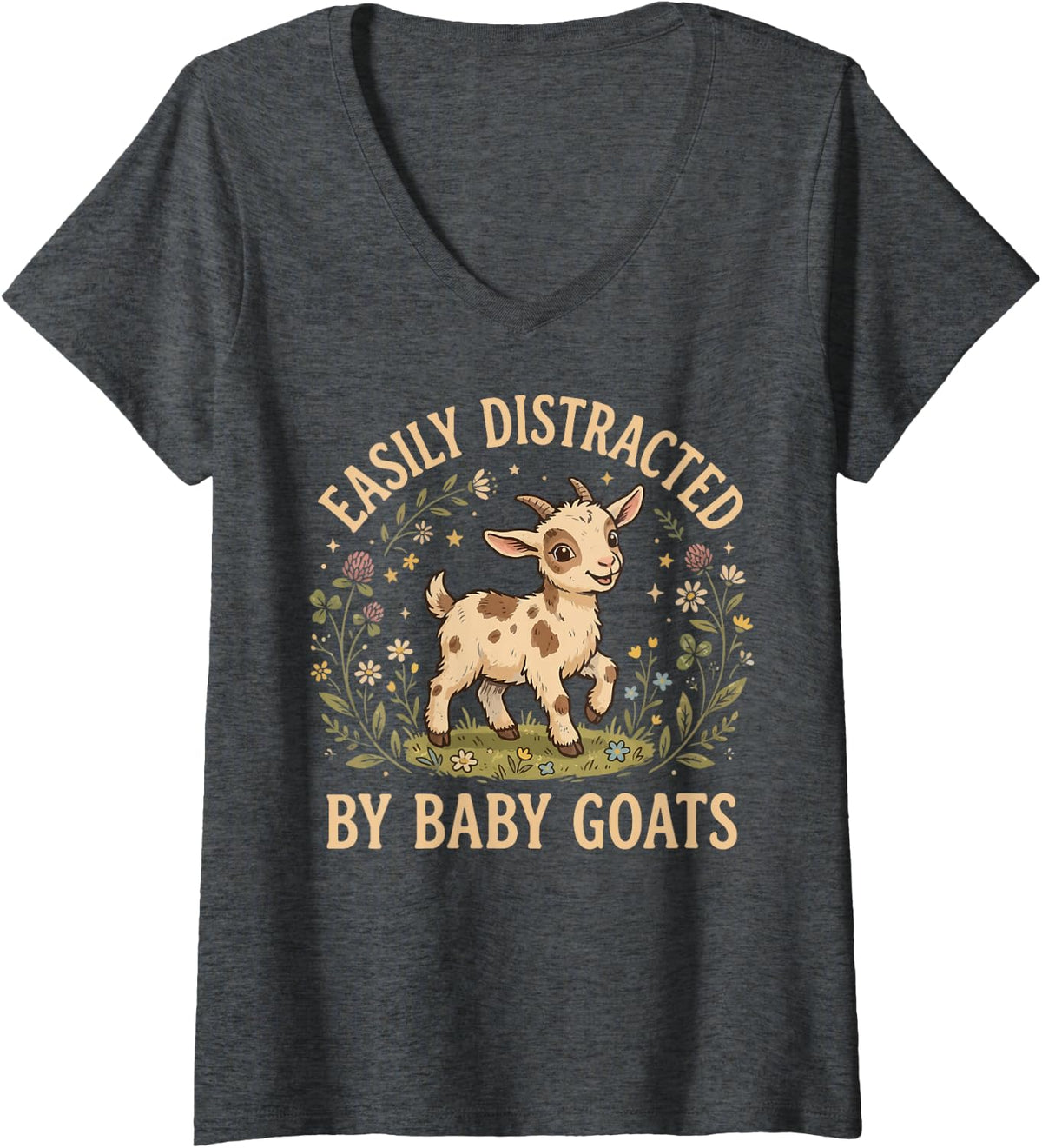 Women's Easily Distracted By Baby Goats V-Neck T-Shirt - Dark Heather Grey