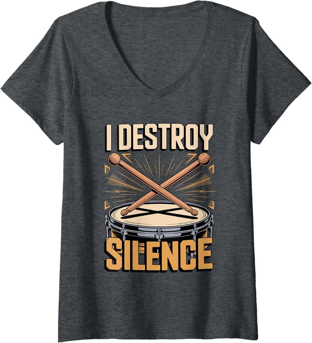 Women's I Destroy Silence Drums Drummer Percussion V-Neck T-Shirt - Dark Heather Grey