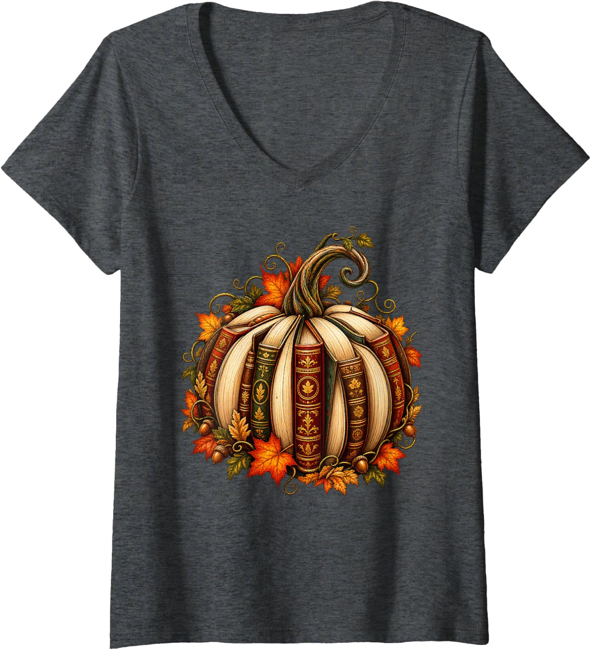 Women's Pumpkin Books Autumn Fall Reading Bibliophile Aesthetic V-Neck T-Shirt - Dark Heather Grey