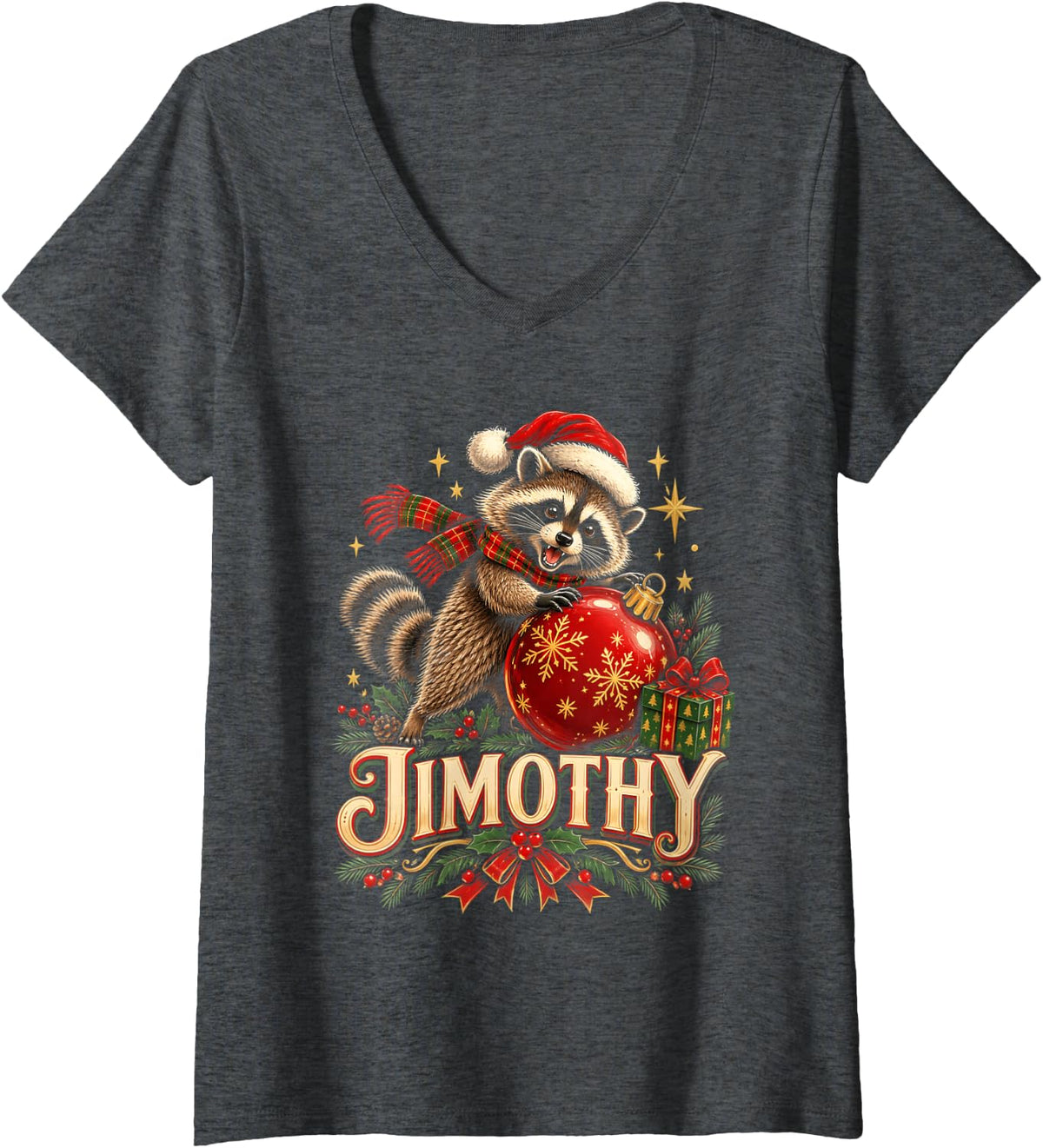 Women's Jimothy Christmas Funny Santa Raccoon Seattle Trash Panda V-Neck T-Shirt - Dark Heather Grey