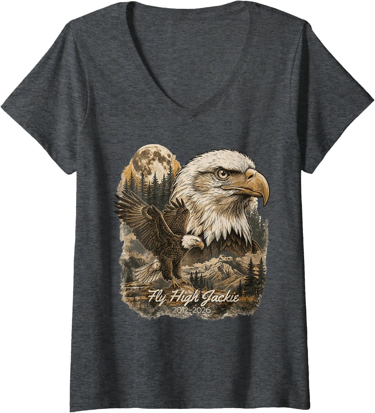 Women's Jackie The Bald Eagle, Fly high Jackie V-Neck T-Shirt - Dark Heather Grey