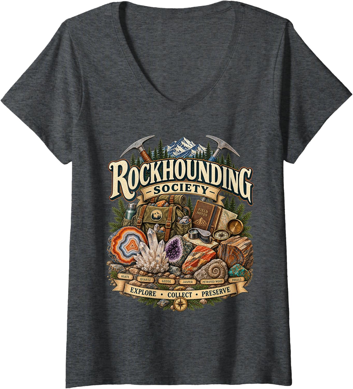 Women's Rockhounding Society Rockhound Rock Collector Rock Hunter V-Neck T-Shirt - Dark Heather Grey