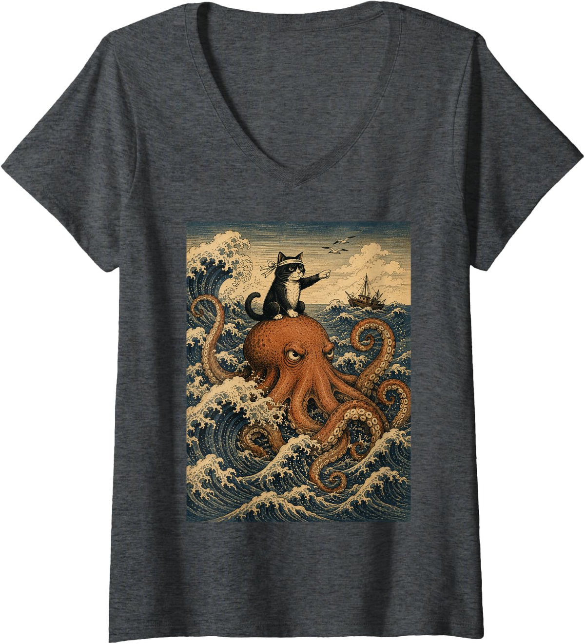 Women's Black Cat Riding Giant Octopus Japanese Woodblock Ocean Art V-Neck T-Shirt - Dark Heather Grey