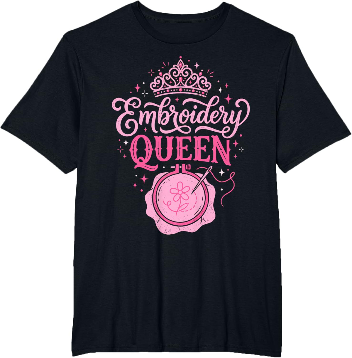 Embroidery Queen Pink Crown Hoop and Needle Aesthetic T-Shirt - Black
