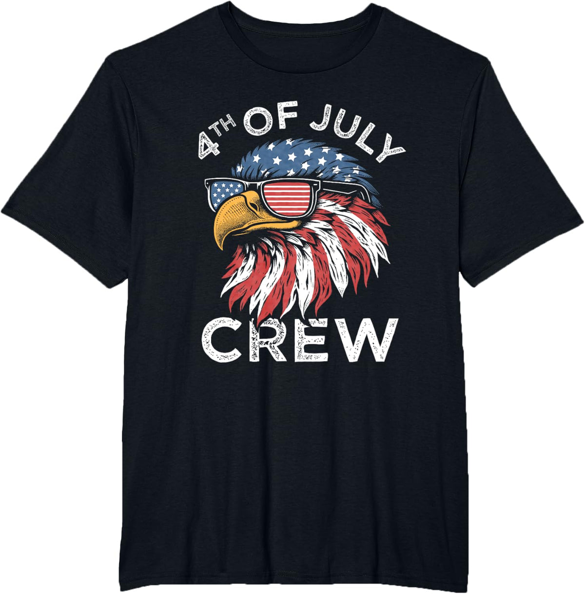 Funny 4th of July Crew Bald Eagle American Flag Sunglasses T-Shirt - Black