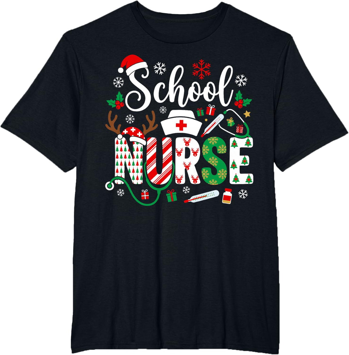 School Nurse Christmas Shirt Nursing Thermometer Santa T-Shirt - Black