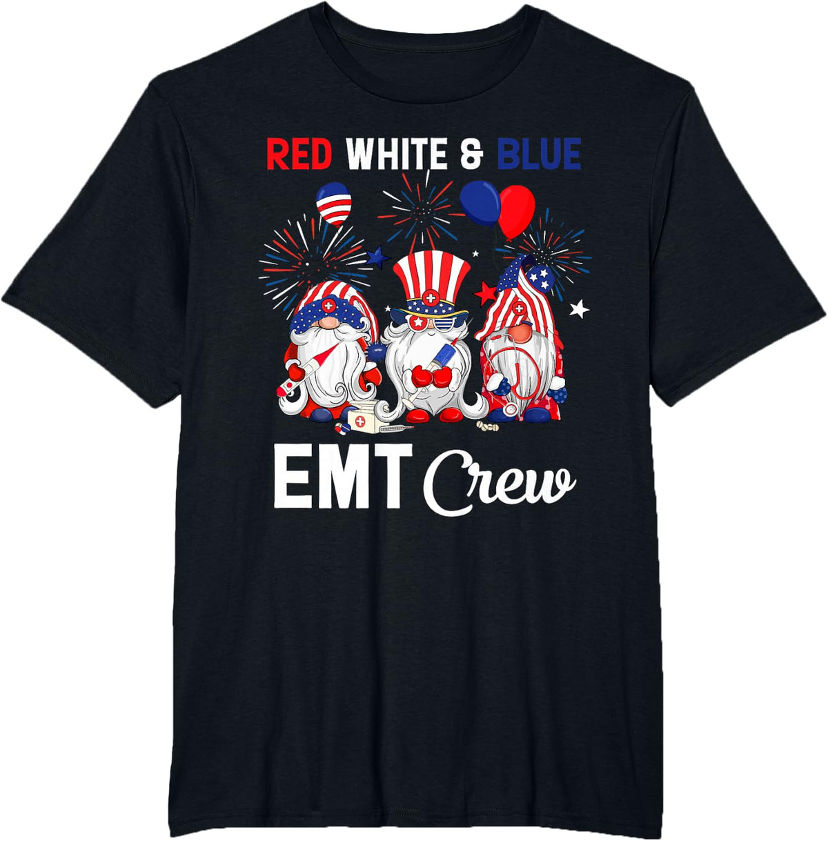 Red White & Blue American EMT Crew 4th Of July T-Shirt - Black