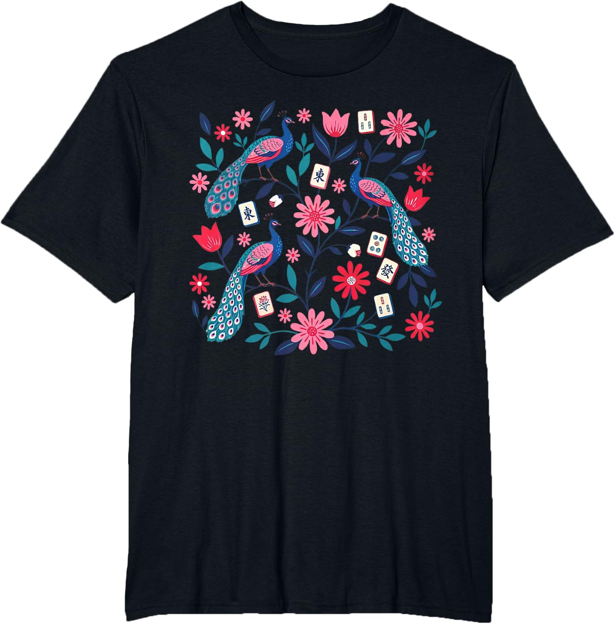 Mahjong Bird Peacocks Boho Flower Player Chinese Tile Game T-Shirt - Black