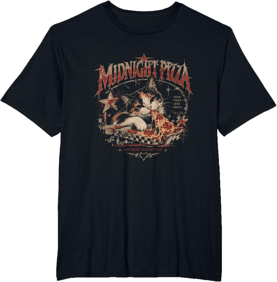 Vintage Calico Cat Pizza Lover Funny Foodie T-Shirt - Black