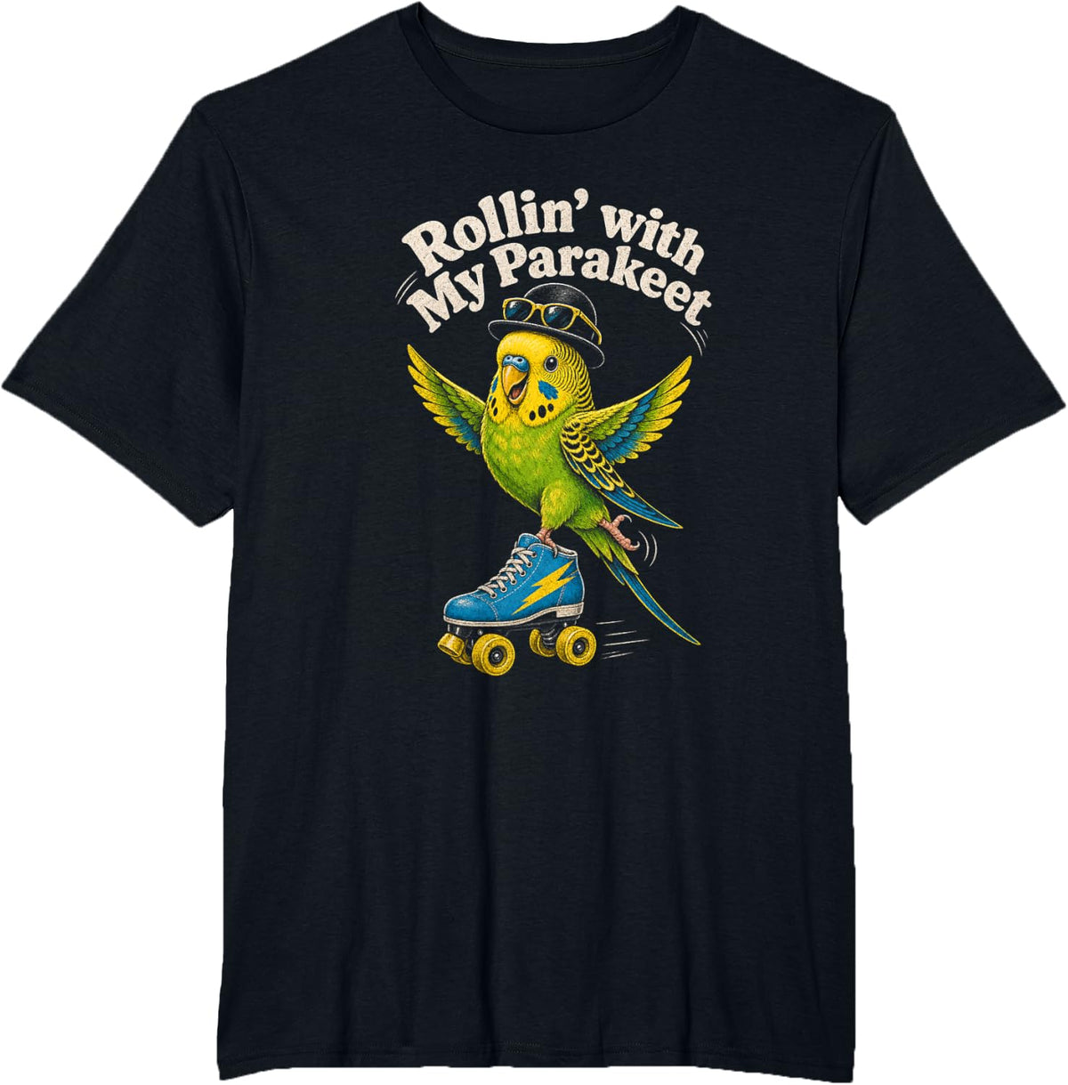 Rollin' with My Parakeet Cute Bird on Roller Skates T-Shirt - Black
