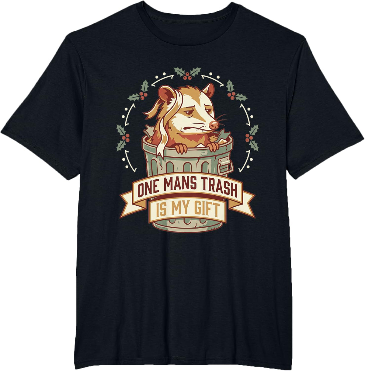 Grumpy Opossum Trash Panda Holly Wreath Badge Wildlife Humor T-Shirt - Black