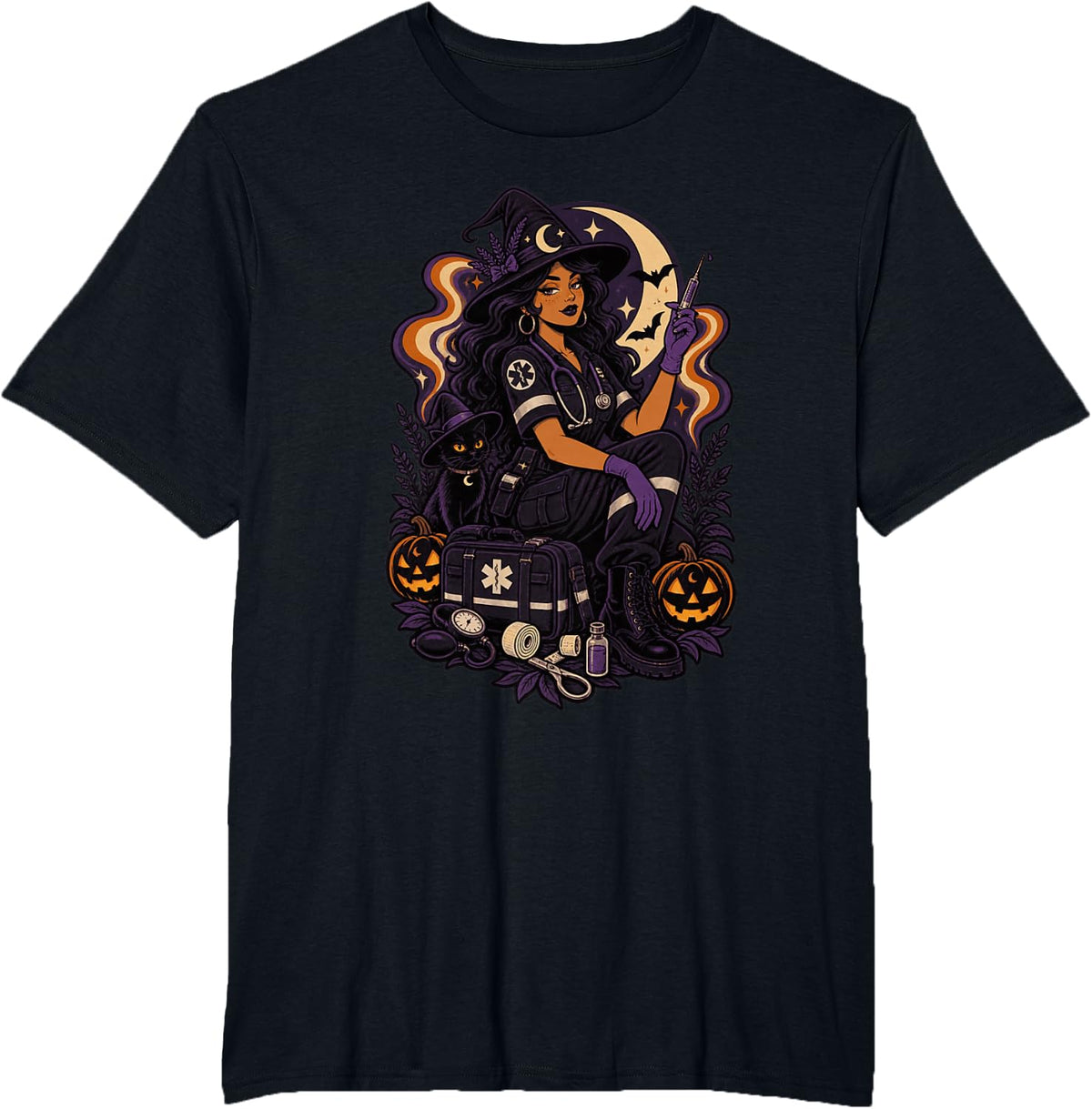 Halloween Paramedic Witch EMT Spooky Medical T-Shirt - Black