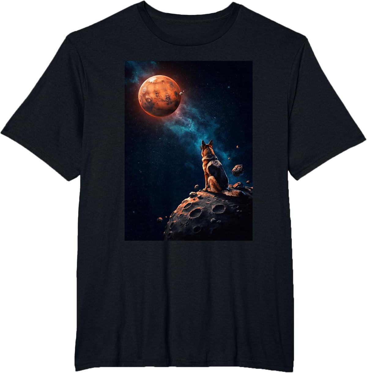 German Shepherd Dog Watching Mars Space Astronomy Planet T-Shirt - Black