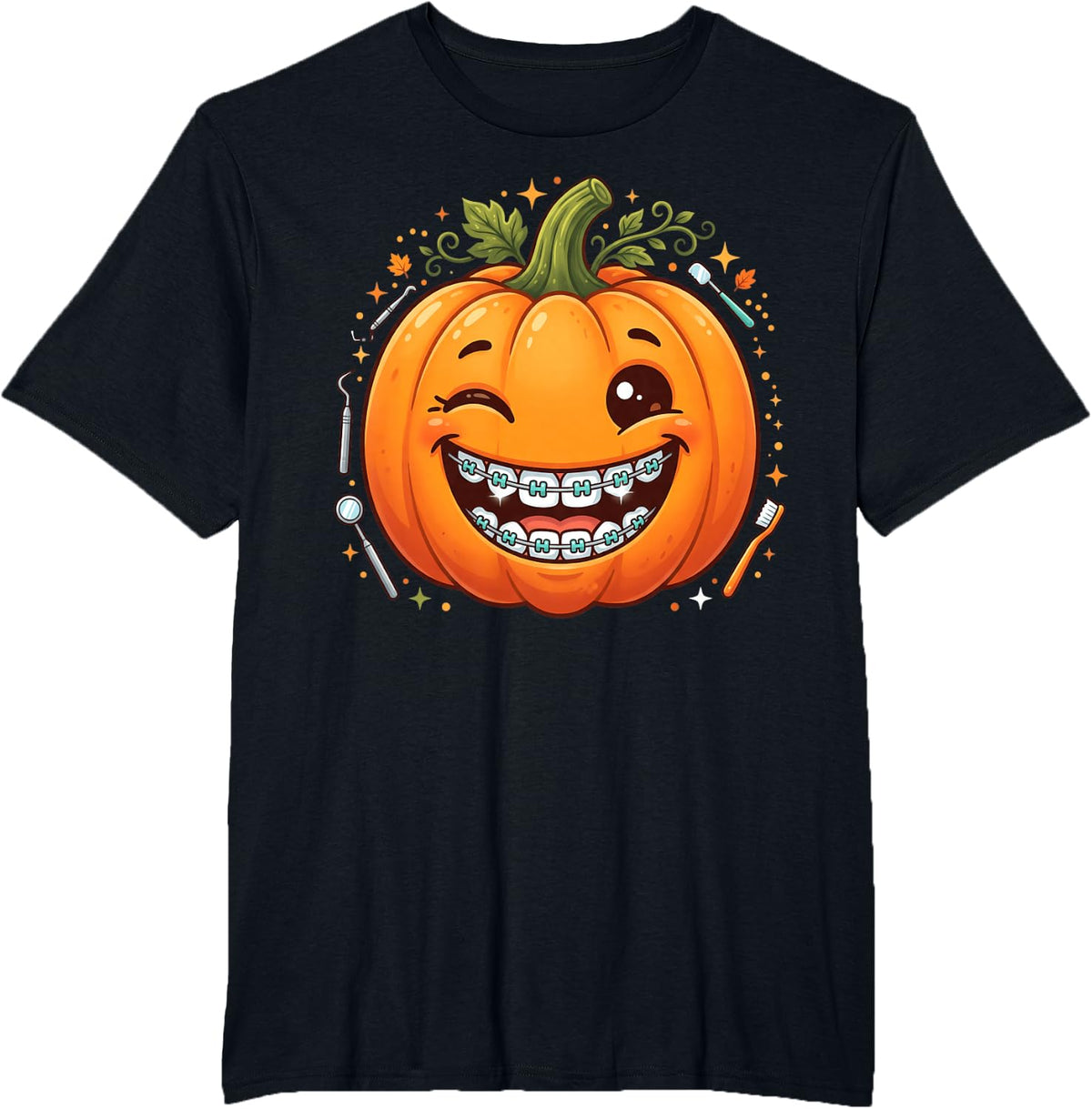 Smiling Pumpkin with Dental Braces Toothbrush and Mirror T-Shirt - Black