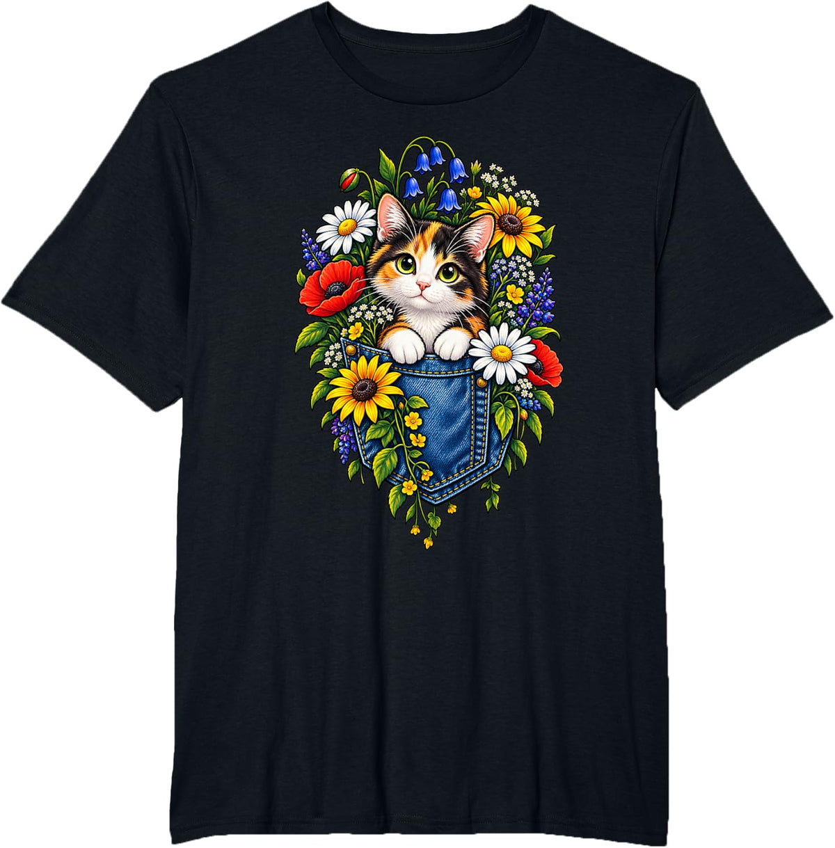 Calico Kitten in Pocket with Flowers T-Shirt - Black