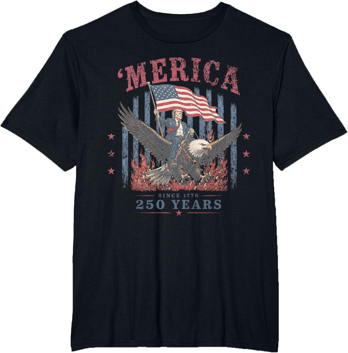 Funny 'Merica 250 Years Since 1776 Trump Riding Bald Eagle T-Shirt - Black