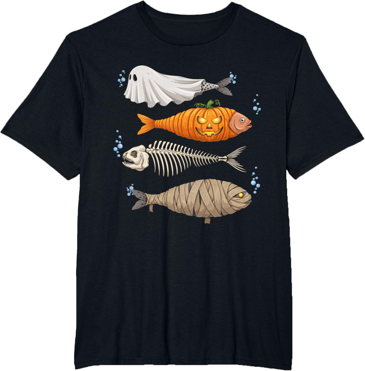 Trout Fish Ghost Pumpkin Skeleton Mummy Halloween T-Shirt - Black