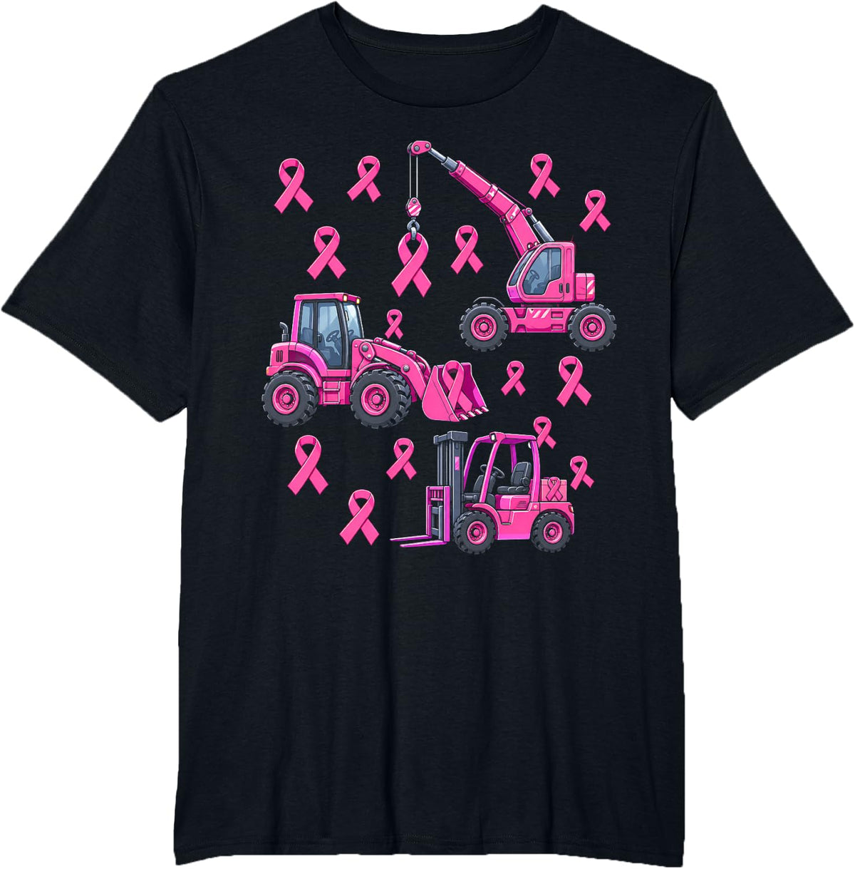 Pink Ribbon Construction Trucks Breast Cancer Awareness T-Shirt - Black