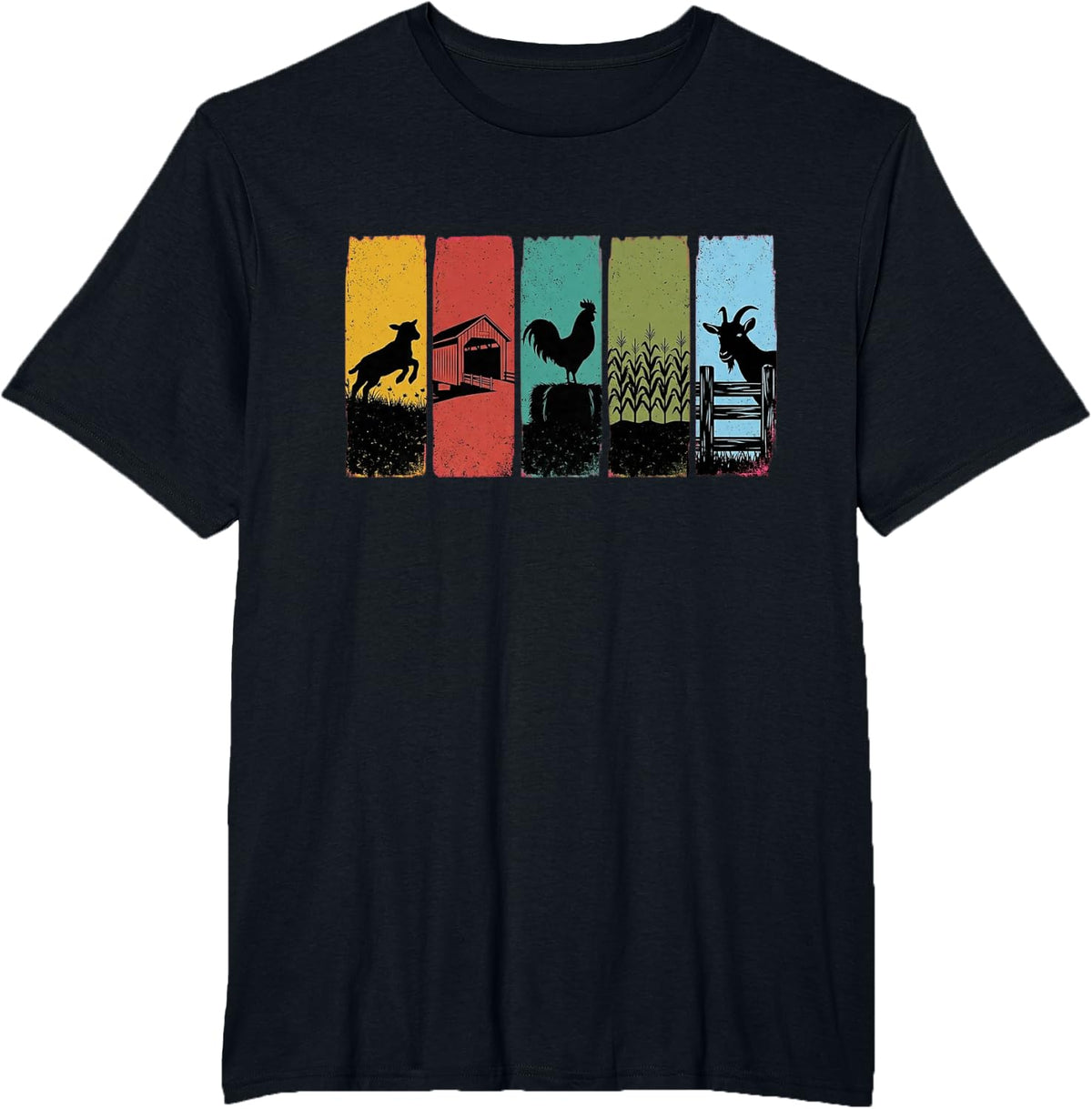 Vintage Farm Animals Rooster Goat Lamb T-Shirt - Black
