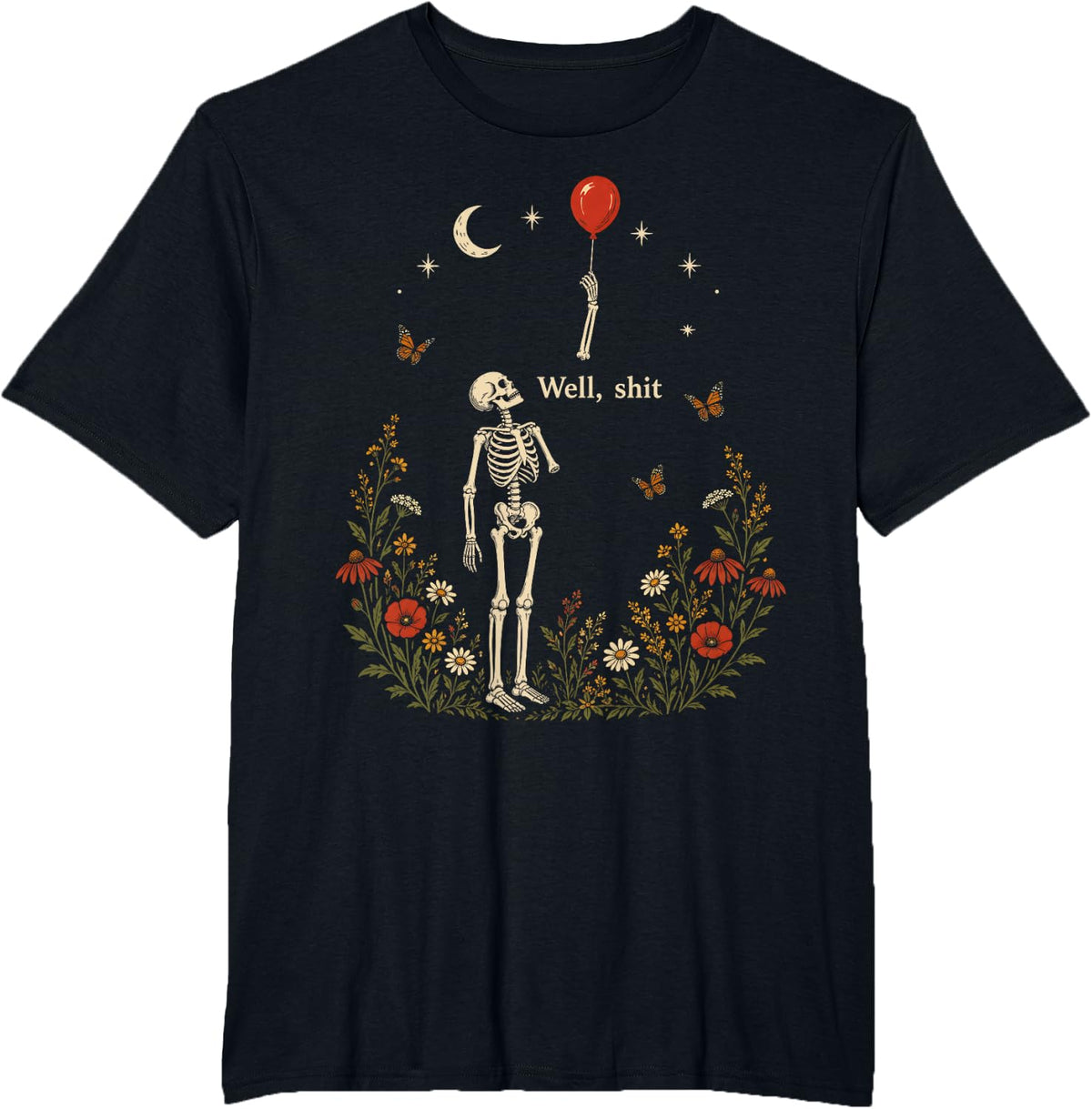 Sarcastic Skeleton Balloon Floral Funny Halloween Women T-Shirt - Black