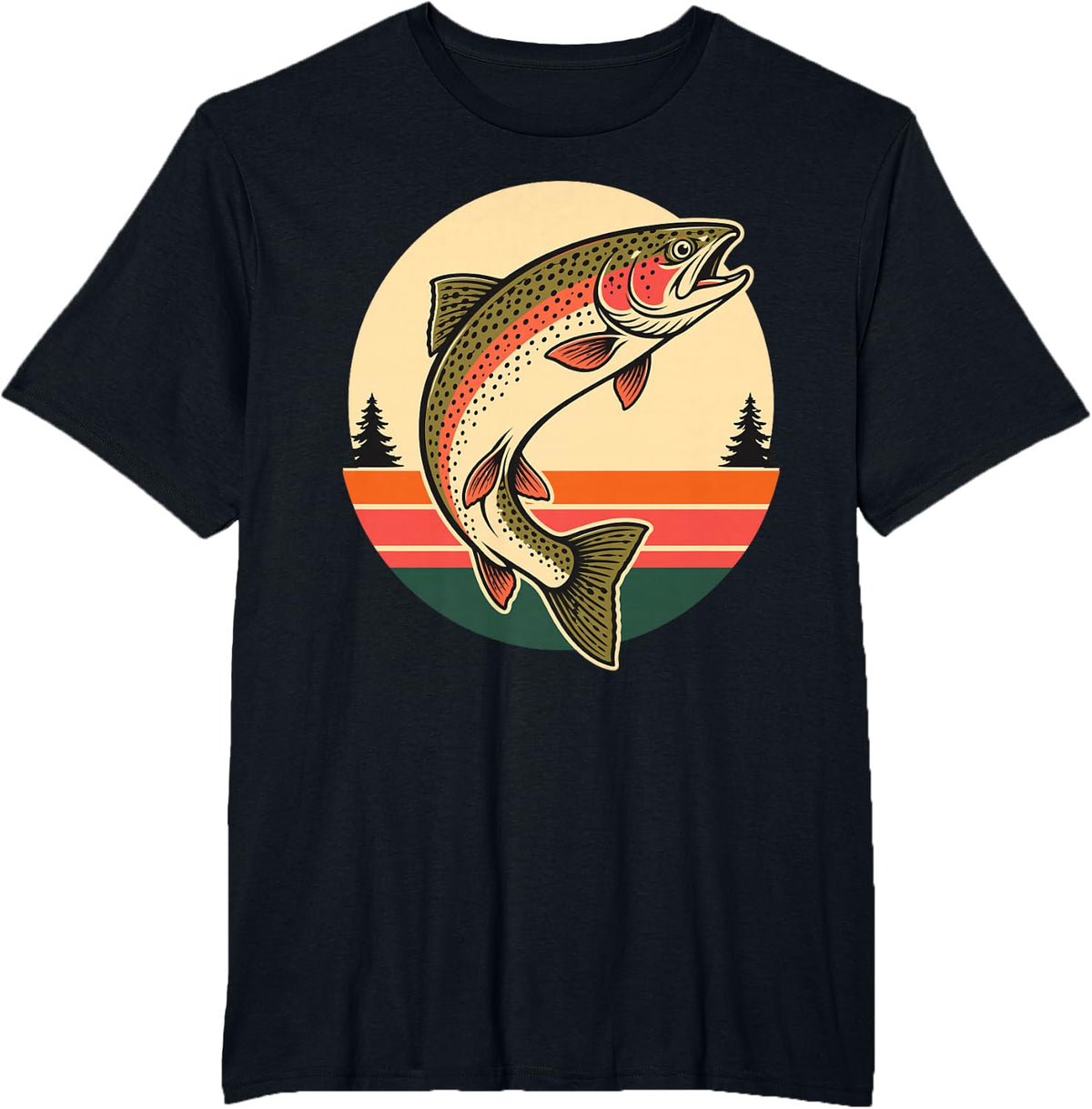 Rainbow Trout Fishing Retro Sunset T-Shirt - Black
