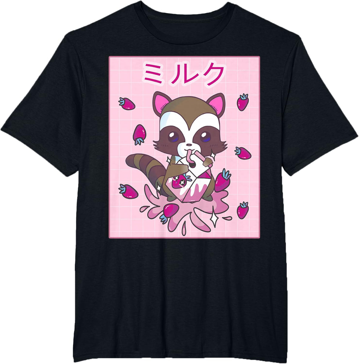 Kawaii Raccoon Strawberry Milk Japanese Aesthetic T-Shirt - Black