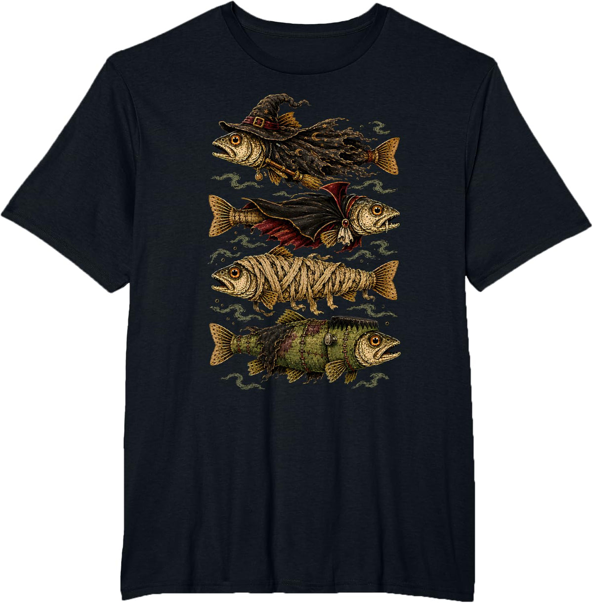 Halloween Trout Fish Ghost Vampire Skeleton Mummy Vintage T-Shirt - Black
