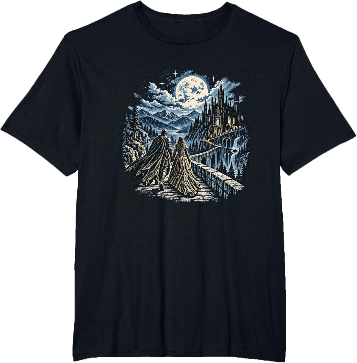 Knight and Maiden Castle Romantic Fantasy Journey T-Shirt - Black