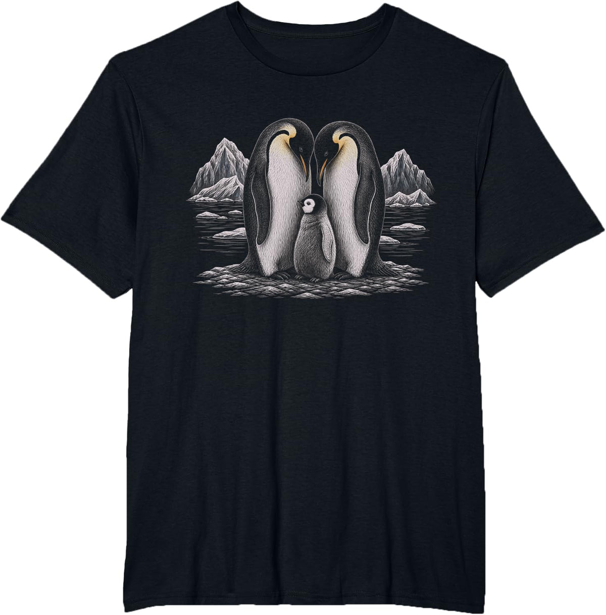 Penguins Family Artwork Design T-Shirt - Black