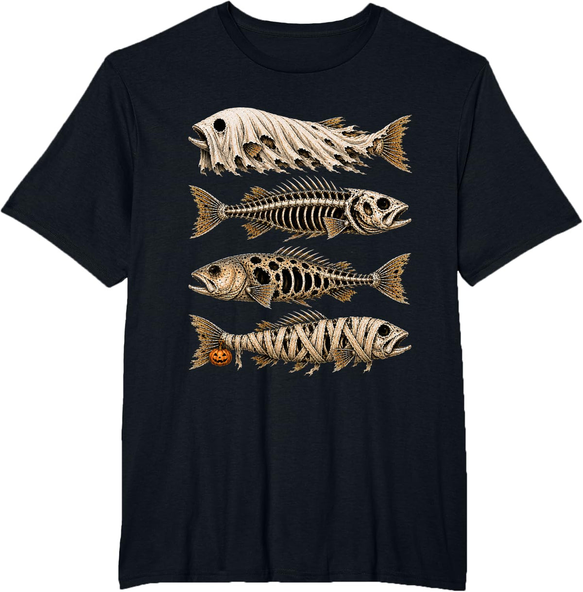 Halloween Trout Fishing Ghost Skeleton Mummy Fish Pumpkin T-Shirt - Black