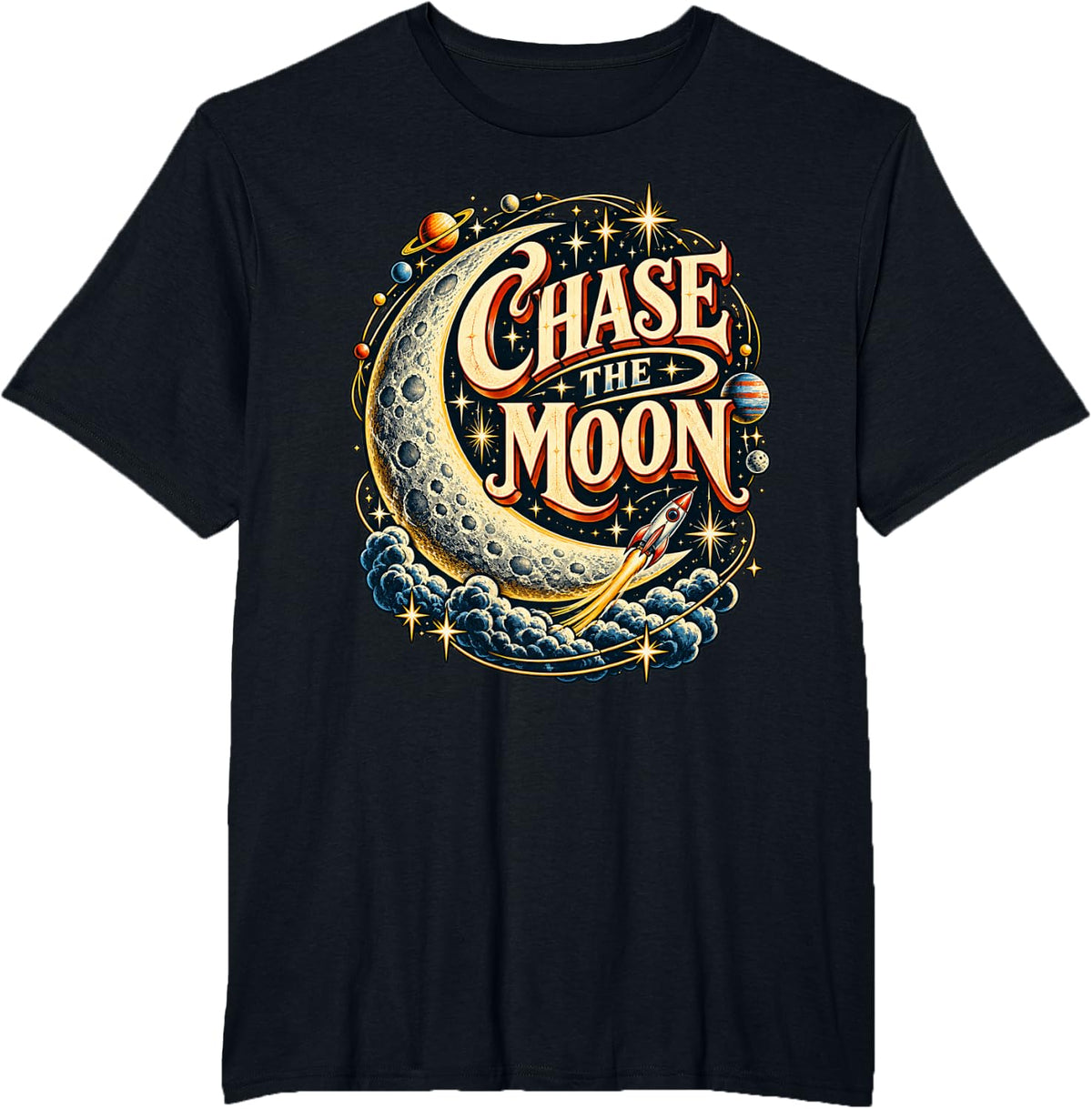 Vintage Chase The Moon Astronomy Space Design T-Shirt - Black
